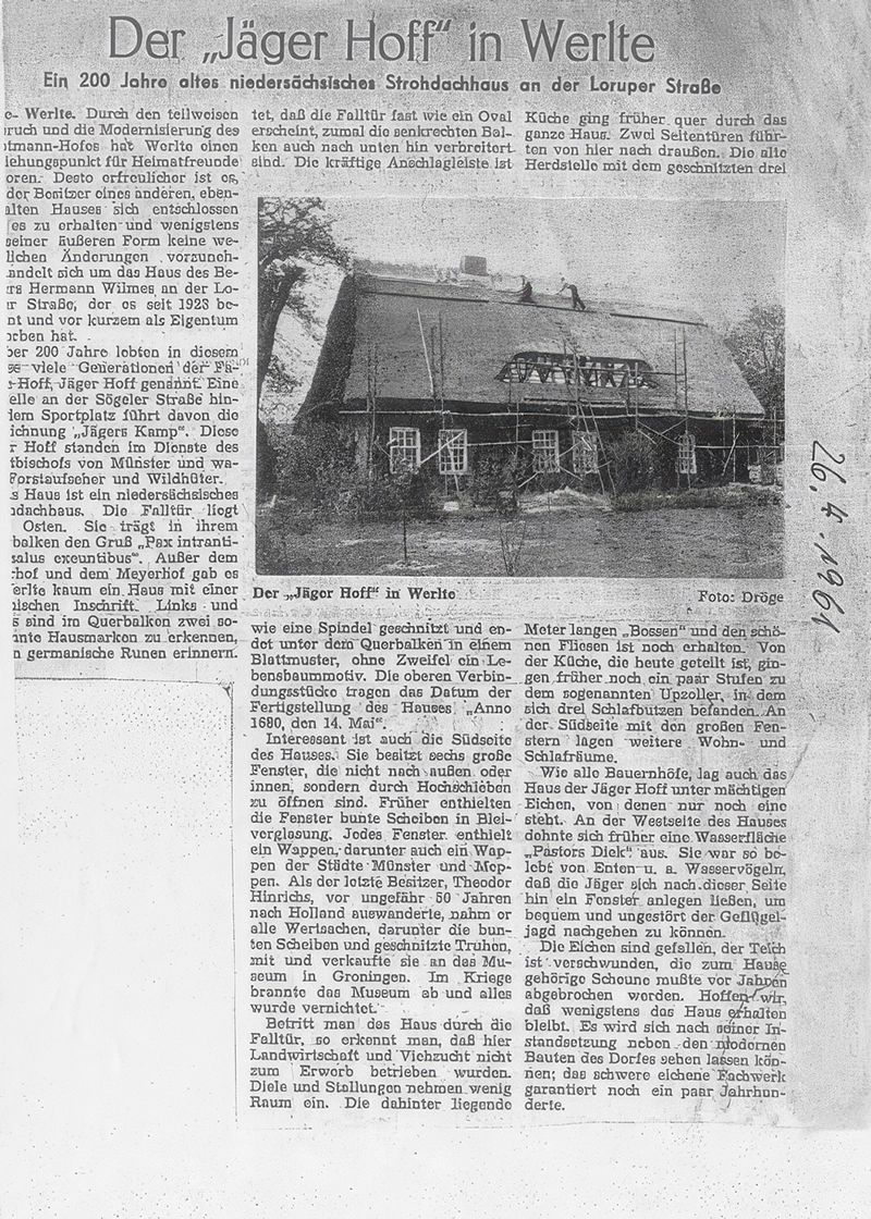 Zeitungsbericht vom 26. April 1961 über den „Jäger Hoff“ in Werlte